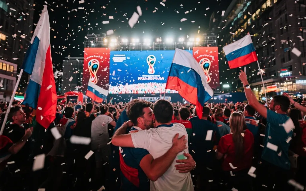 世界杯决赛终场哨响后，球迷在广场大屏幕前相拥、挥舞国旗、纸屑飘落的城市狂欢场景