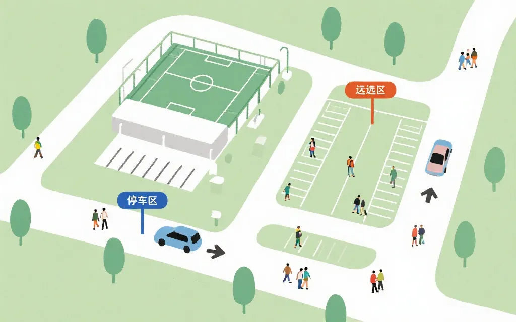 球场周边停车区域示意风格插画：近区与远区、步行人流与车流分离